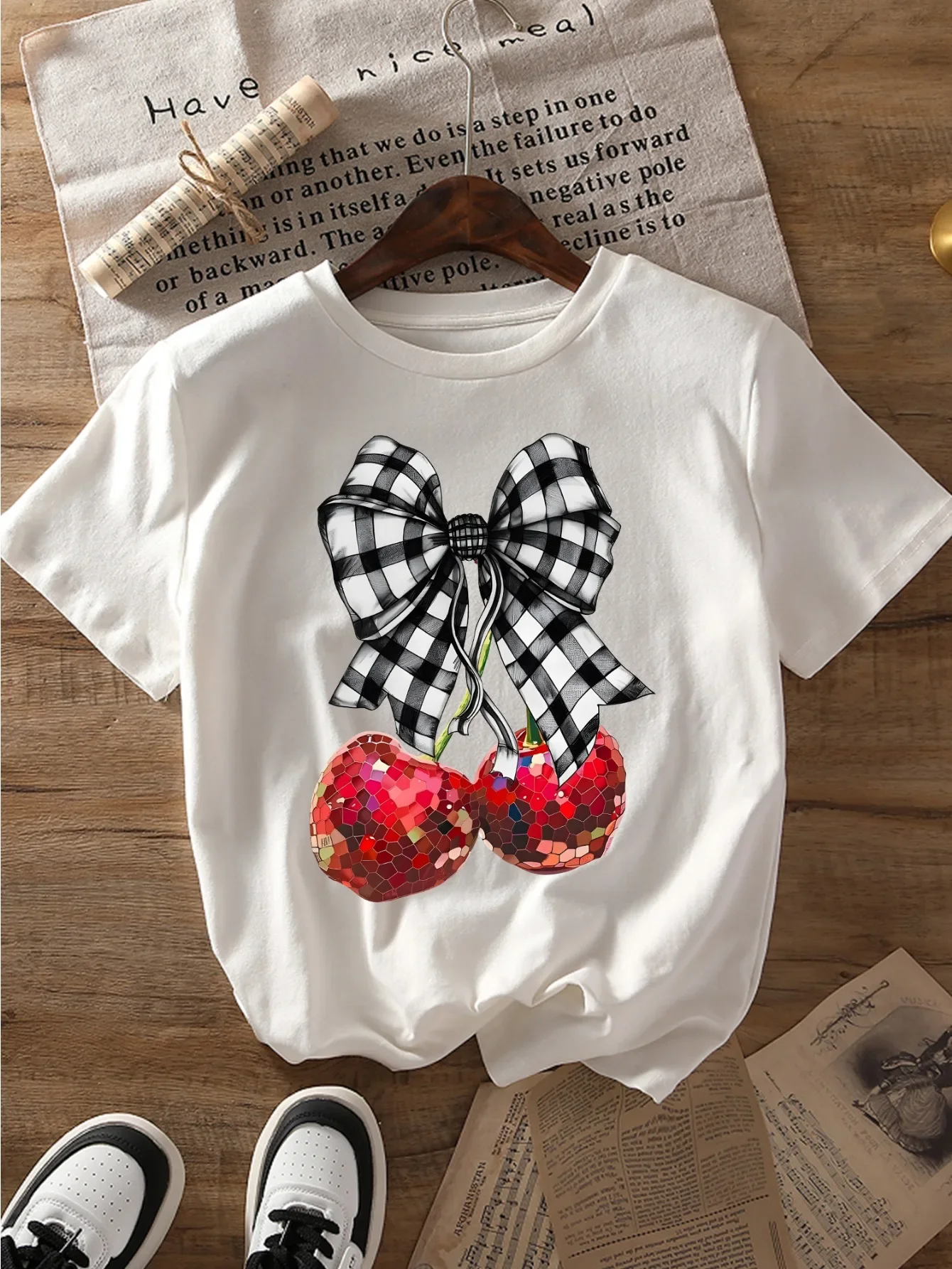 

Black and White Checkered Bow Cherry Print Summer Top Short Sleeved Round Neck Casual Fashion Women's Clothing