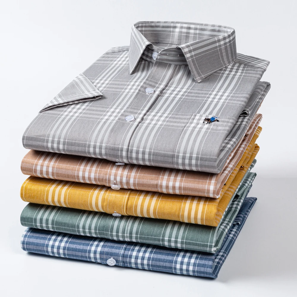 Men's Summer Short Sleeve Shirt with Embroidered Chest Pocket, Lightweight Breathable 100% Cotton Plaid Button Down Shirts