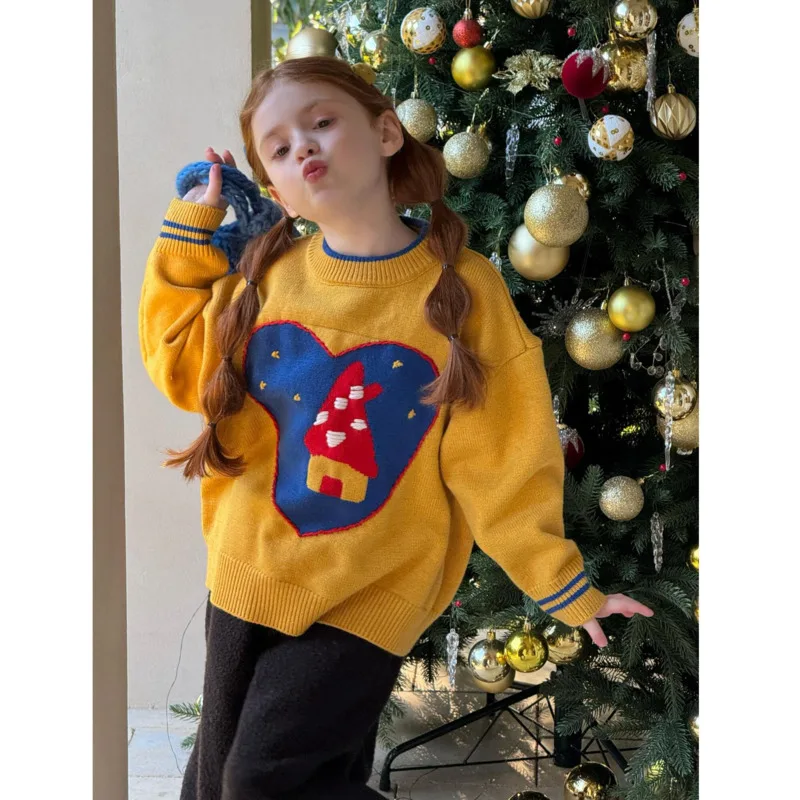 2026 Winter Spring Korean Daily Base Children Girl Boy Clothes Sweater Cute Yellow O-Neck Pullover Top 2-12 Years Toddler Outfit