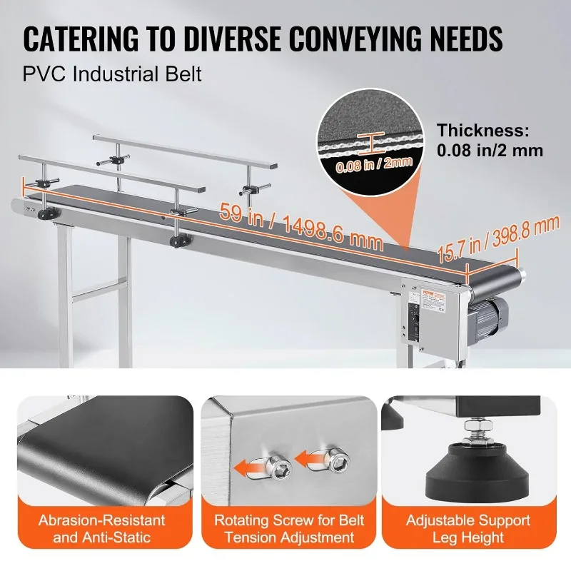 Belt Conveyor, 59 X 15.7 Inch Conveyor Table, Heavy Duty Stainless Steel Motorized Belt Conveyor for Inkjet Coding Applications