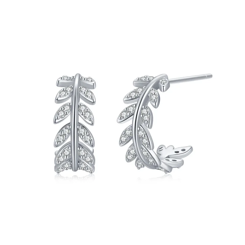 

Hot Selling Leaf Design S925 Silver Women Stud Earrings with Full Diamond