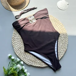 Sexy Solid Color Backless Hollow Out One Piece Swimsuit Women Swimwear High Waist Bathing Suit