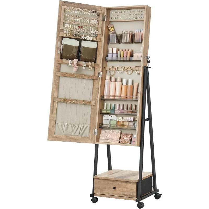 Jewelry Cabinet Floor Standing, Lockable Jewelry Organizer with High Full-Length Mirror, Shelf, Wheels,Jewelry Armoire,Gift Idea