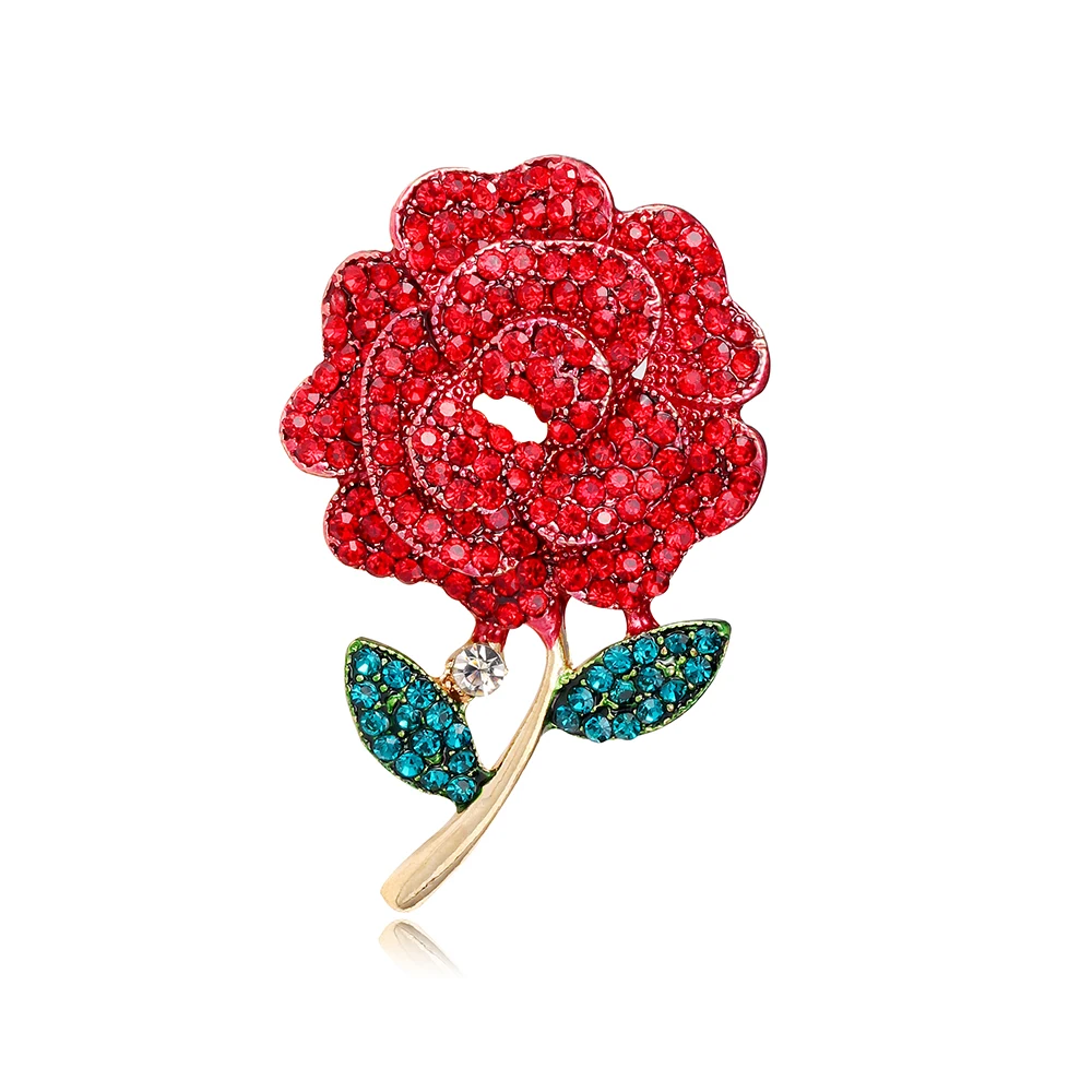 SISSLIA Luxury Vintage Camellia Drop Oil Brooch Red Rhinestone Alloy Brooches For Women