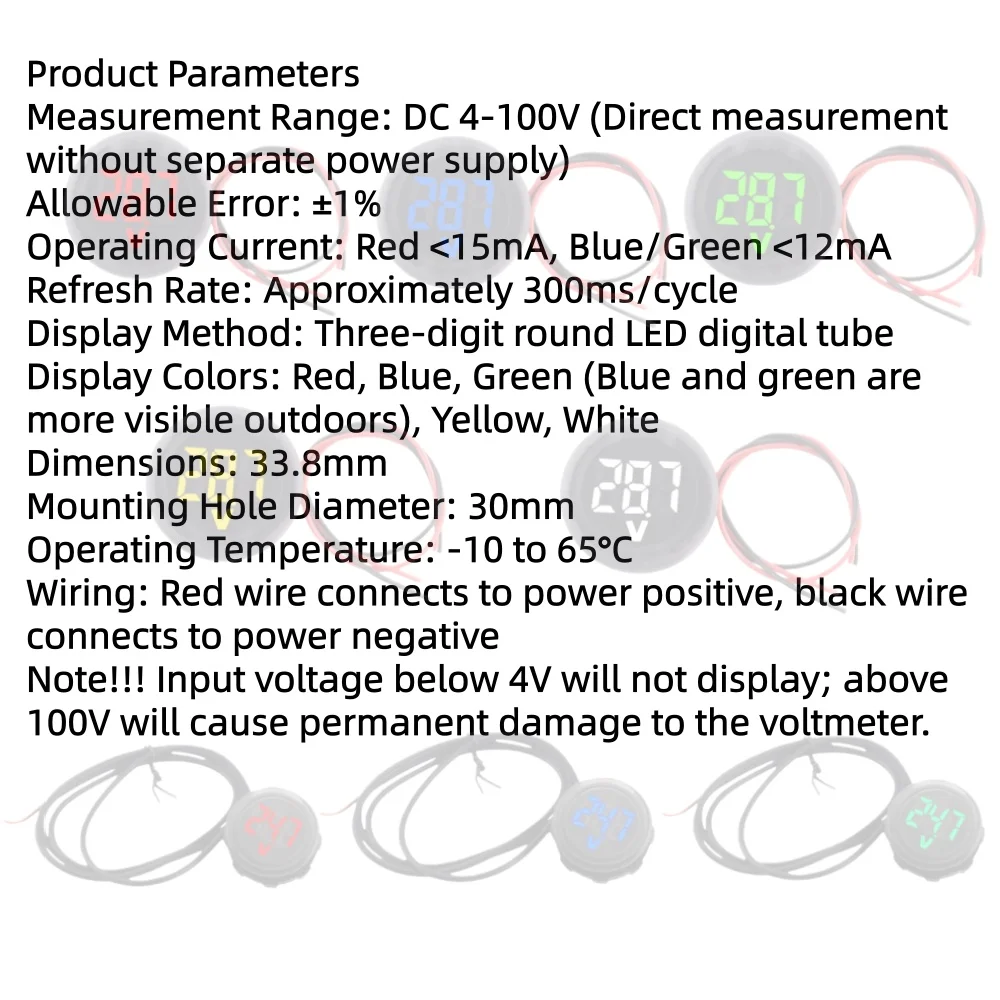 Waterproof Option DC 4-100V Digital Voltmeter Head Display LED Digital Circular Two-Wire Voltmeter Reverse Polarity Protection