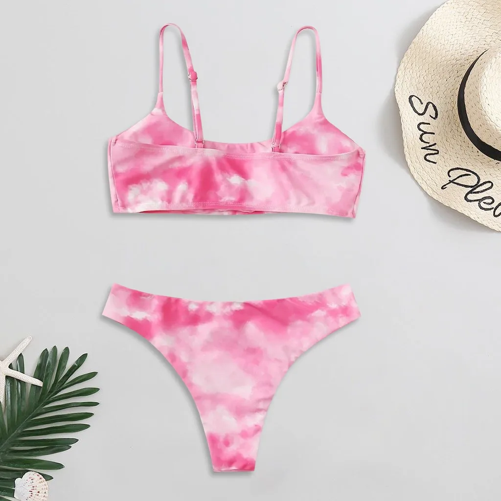 Bikini brasileño con estampado Tie-Dye para mujer, traje de baño Sexy, conjunto de dos piezas de corte alto, Tankini de playa con estampado sólido