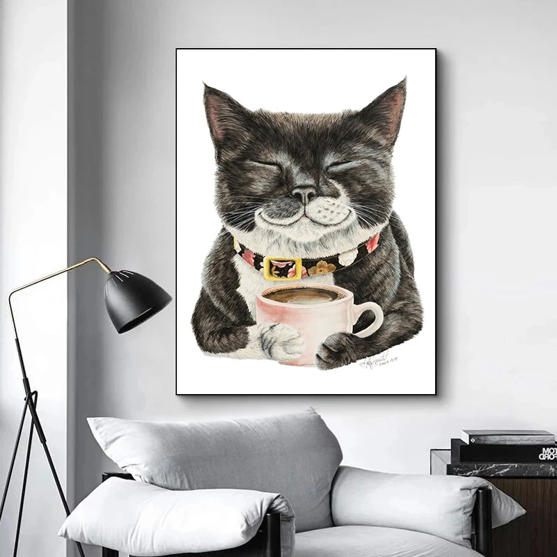 A Cat Enjoying Her Morning Coffee Canvas Paintings Posters and Prints Wall Art Pictures for Living Room Wall Decoration Cuadros