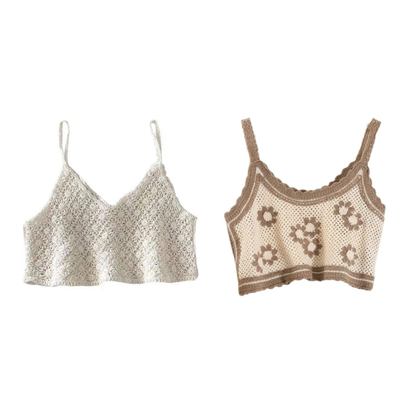 

2pcs White+Embroidery Pattern Top Woman Hollow out Crochet Knit Sleeveless Crop Top Seaside Vest