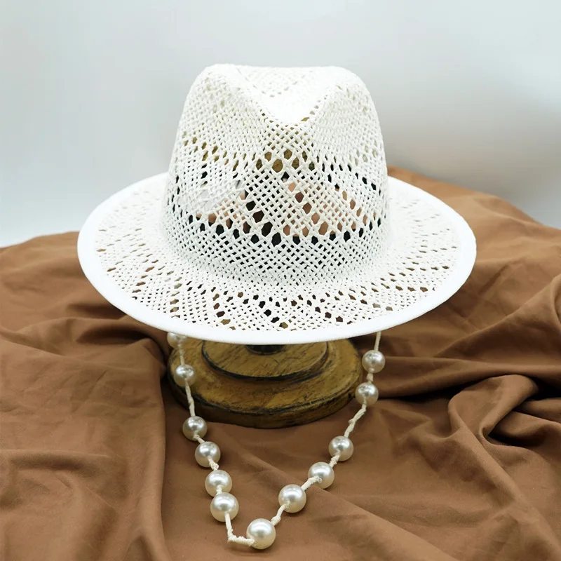 Handwoven White Panama Hat Women Summer Hat with Pearls Chain Hollow Out Summer Hat Vacation Beach Straw Hat Travel Boater Hat