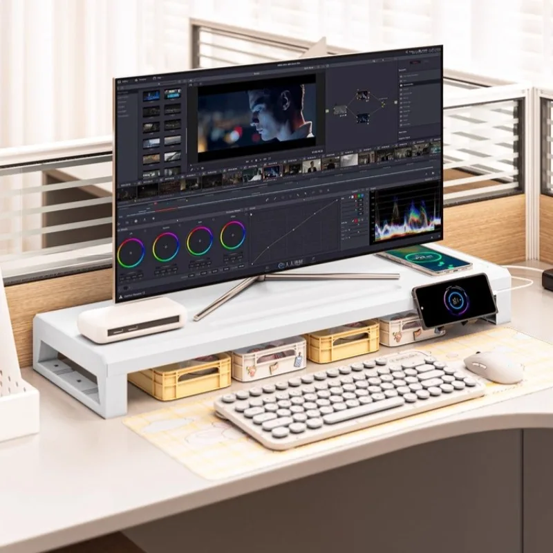 

Metal Computer Monitor Riser Stand with Wireless Charging USB Expansion Shelf Workstation Organizer for Office Setups