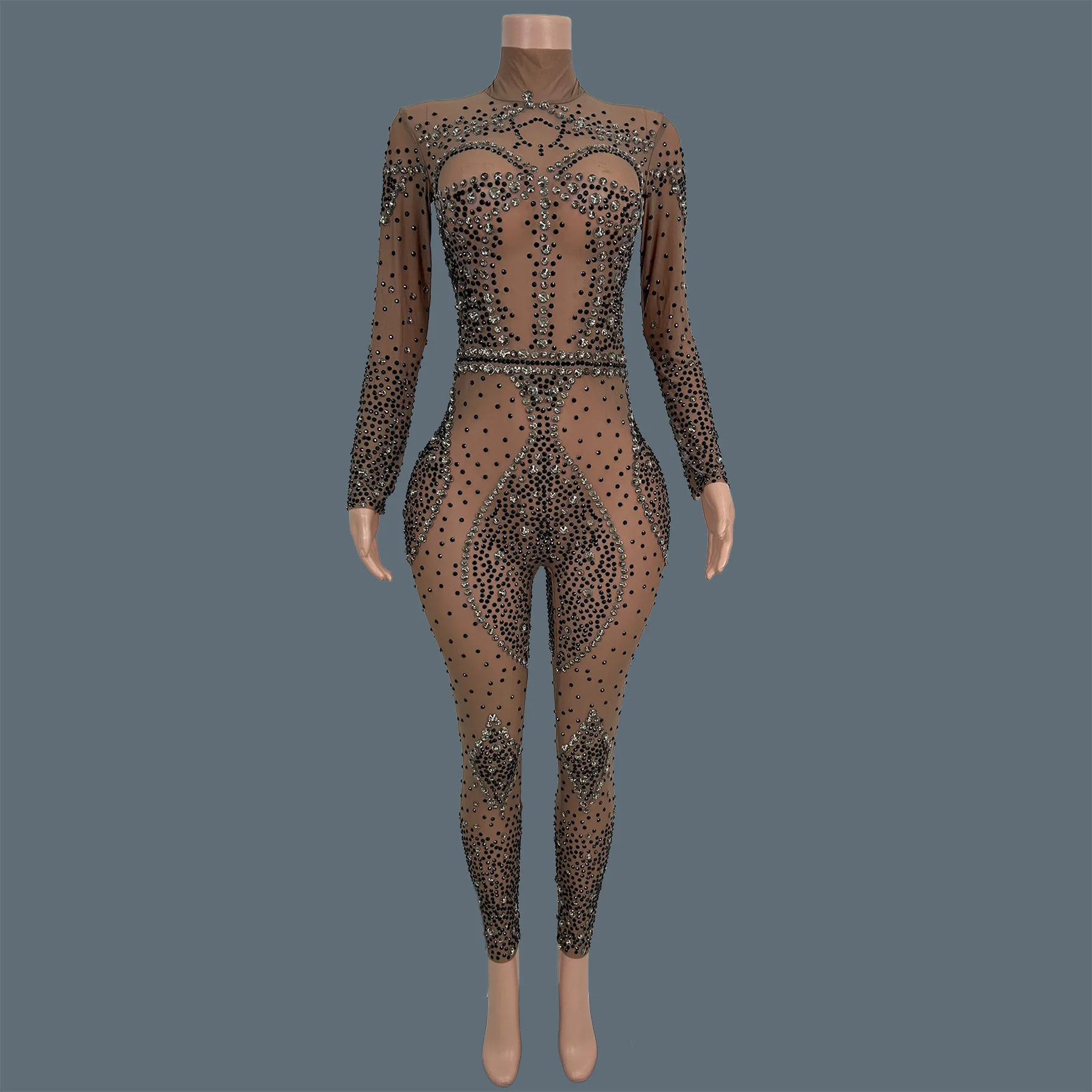 Glamorous Nude Mesh Black Crystal Tight Fitting Jumpsuit Women Long Sleeve High Neck Nightclub Party Dance gig Show Costume Moyu