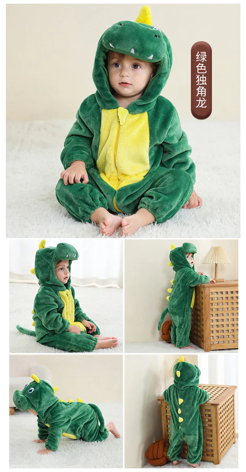 Baby Strampler Winter Kostüm Flanell Kapuzen Overalls Kinder Wachsende Kleidung Jungen Pullover Mädchen Overall Outfit Drachen Einhorn Frosch – Detail 6