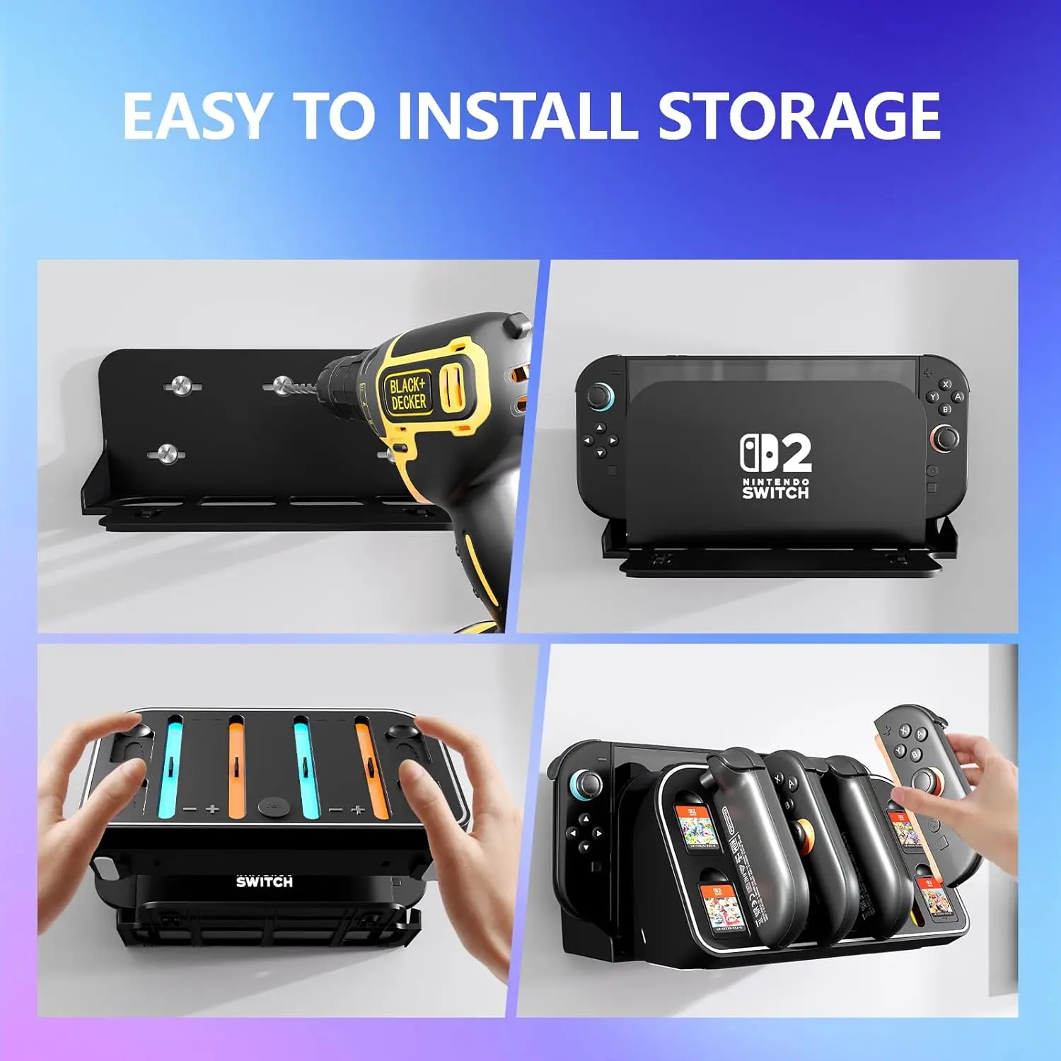 قاعدة شحن مثبتة على الحائط لجهاز نينتندو سويتش 2 2025 - مع محطة شاحن Joy Con المغناطيسية RGB مع 4 حامل تخزين لبطاقات الألعاب