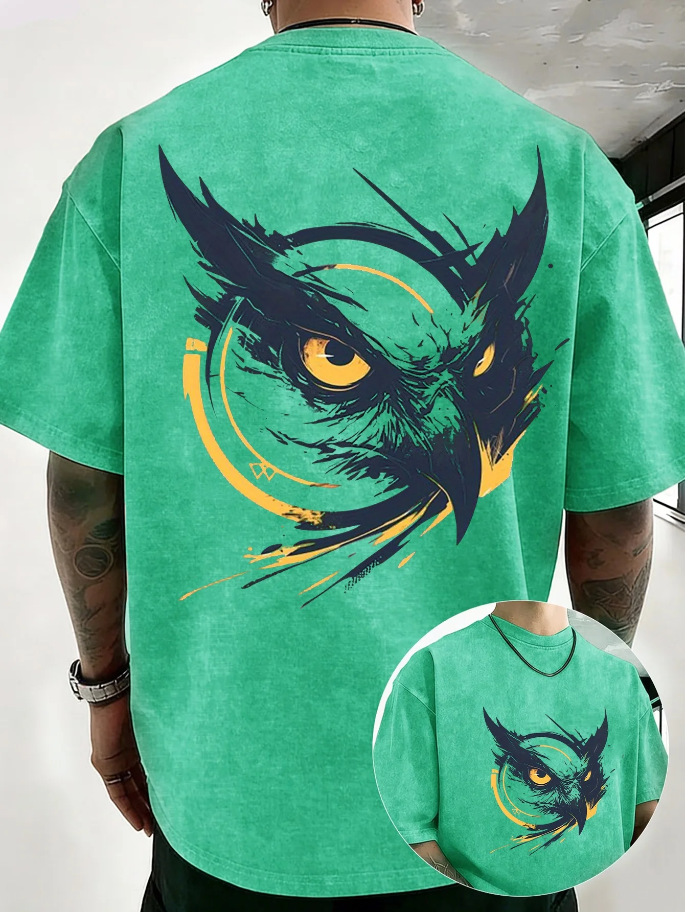 Men Double Sided Print Washed Cotton T-shirt, Dark Owl Graffiti Illustration, Mysterious Graphic Tee Urban Short Sleeve S-3XL