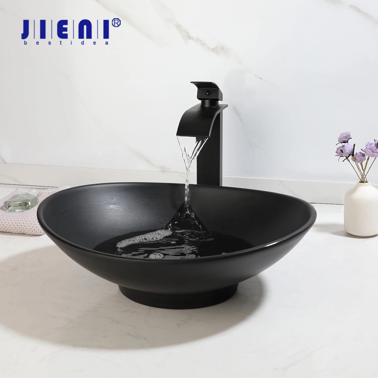

JIENI матовый черный набор раковин для ванной комнаты, современная каменная смоляная чаша, латунный смеситель, всплывающий сливной комбинированный столешница, художественный умывальник