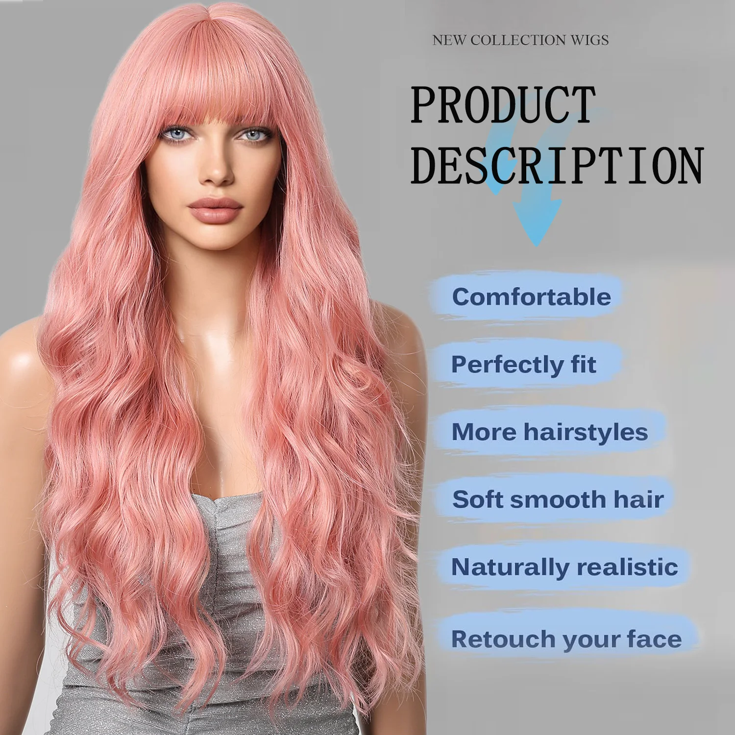 LOUIS FERRE Long Wavy Light Pink Synthetic Wigs for White Women Natural Curly Hair Wigs With Bangs Cosplay Party Heat Resistant