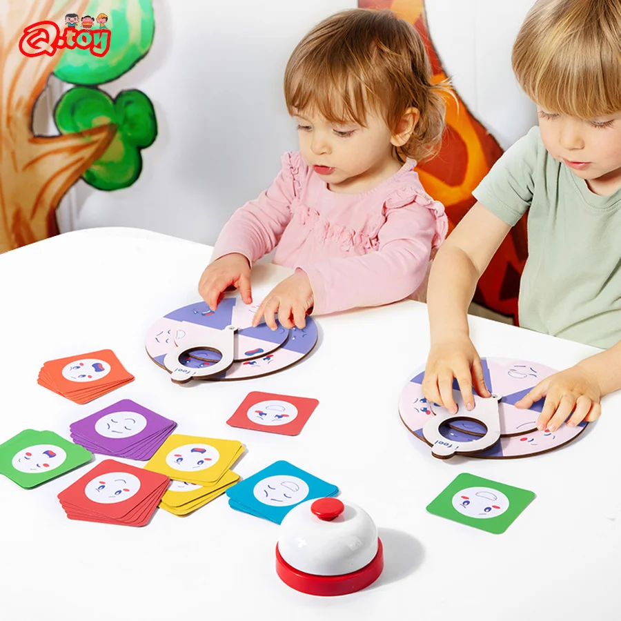 Children Montessori Educational Wooden Toys Face Change Expression Turntable Matching Game Reaction Contest Cards Table Game