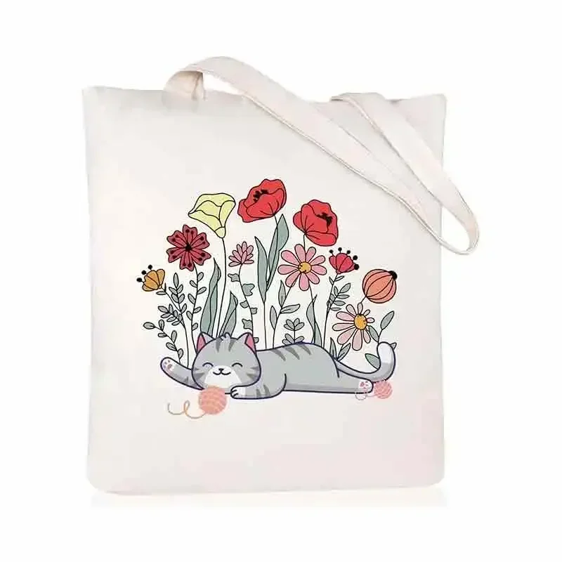 BBA168 Cute Cat Shopping Grocery Reusable Bags with Inner Zipper Women Gift