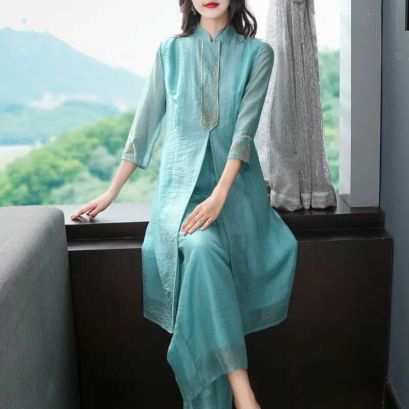 

2025 new chinese retro national style female fashion suit half sleeve stand collar top elegant women daily embriodery set