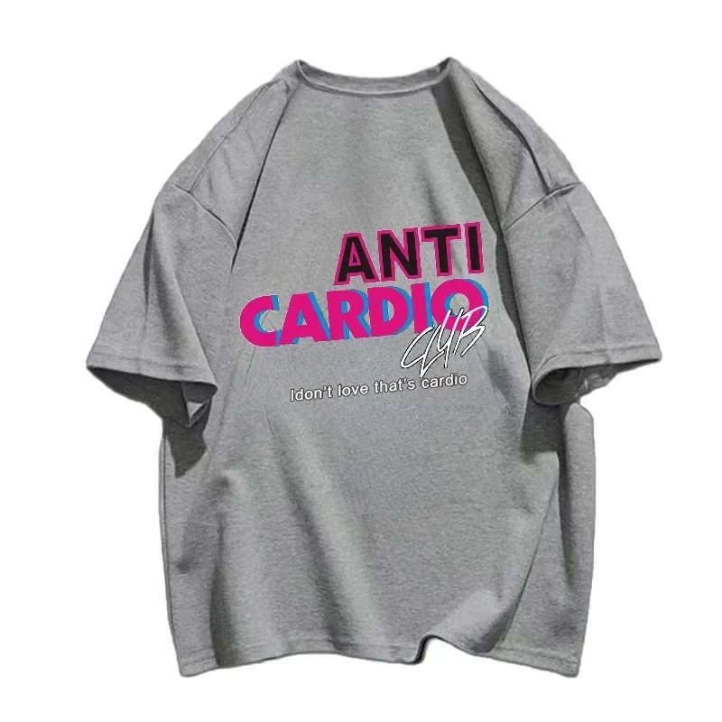 T-shirt Anti-Cardio in cotone per uomo palestre Club Letter Print 100% cotone top donna maglietta coreana abbigliamento Casual oversize da strada