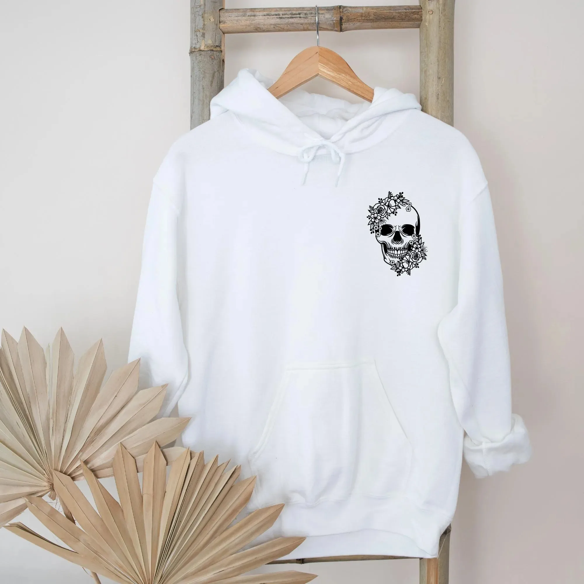 

Autumn and Winter Style Gothic - Inspired Floral Skull Hoodie Delicate White Floral Skull Print Keeping Warm During The Seasons