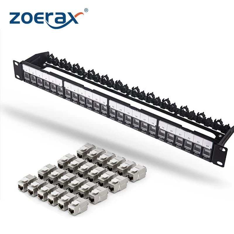 Zoerax Rackmount Of Wall Mount 24-Port Afgeschermd Rj45 Patchpaneel Met Jack Shutter Voor Keystone Jacks /Keystone Coupler