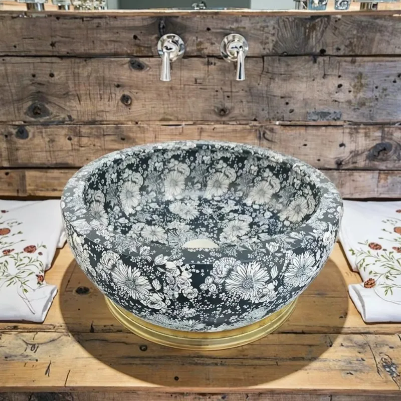 Dark blue porcelain countertop bathroom sink with flower pattern 12 liters capacity