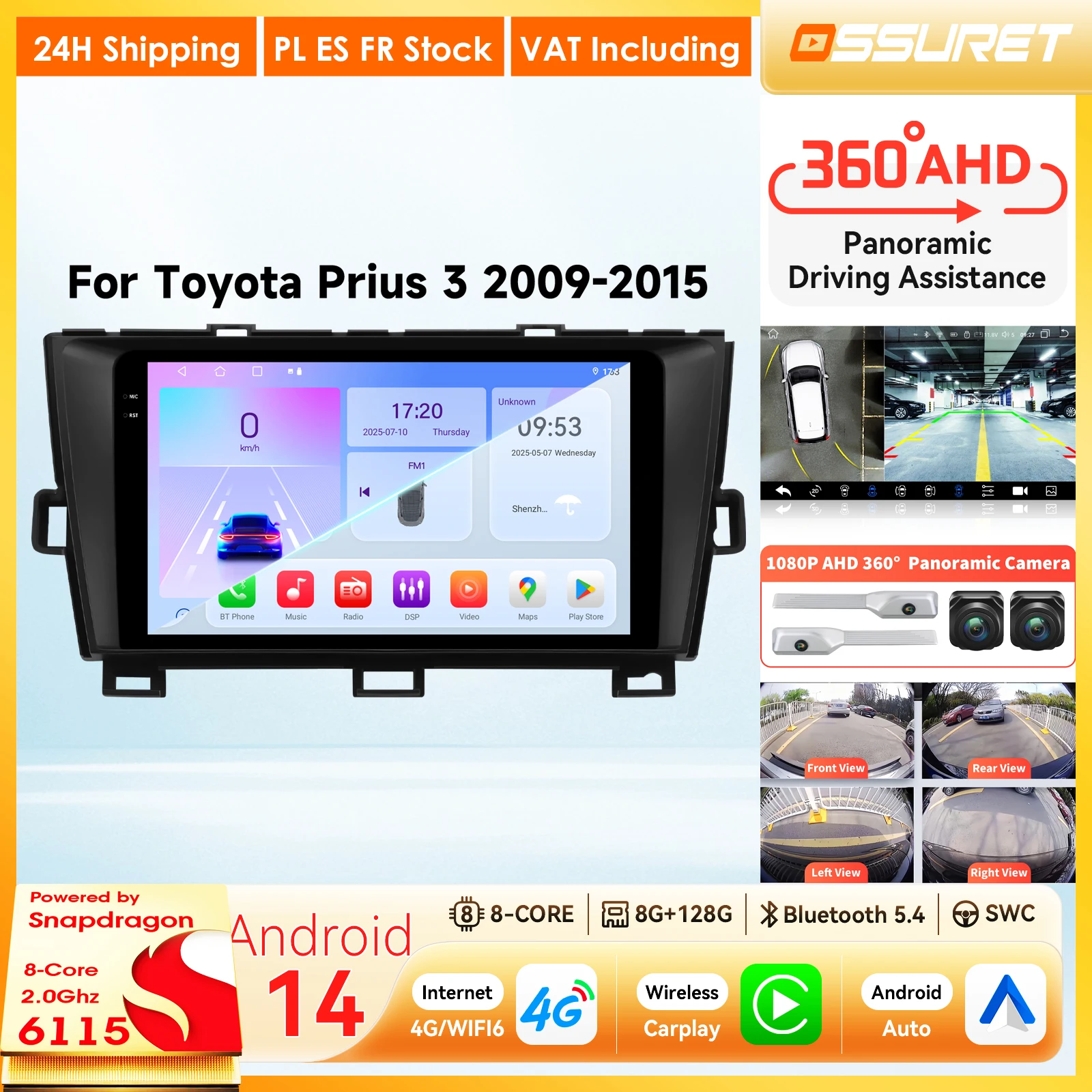 Autoradio Carplay Android Auto pour Toyota Prius XW30 2009 - 2015, lecteur multimédia 2DIN, caméra 360, systèmes intelligents avec ventilateur, bluetooth, DSP, RDS, Wifi 4G