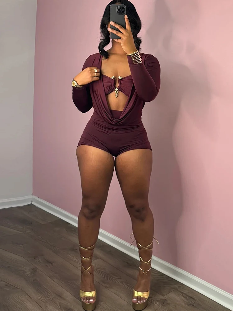 Sisterlinda Playsuits mit schwingendem Ausschnitt für Damen, einfarbig, mit Metalleinsatz, Ausschnitt, volle Ärmel, Stretch, sexy, schmal geschnitten, schick, trendige Clubwear – Detail 20