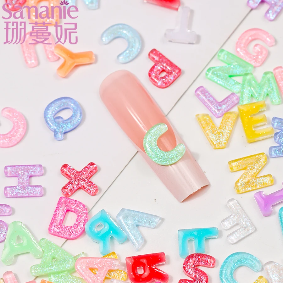 100Pcs Fashion Mix Resin Multicolor Cartoon 26-letter Nail Art Charms 3D Cute Ice-transparent ABC Letter Nails Accessories Parts