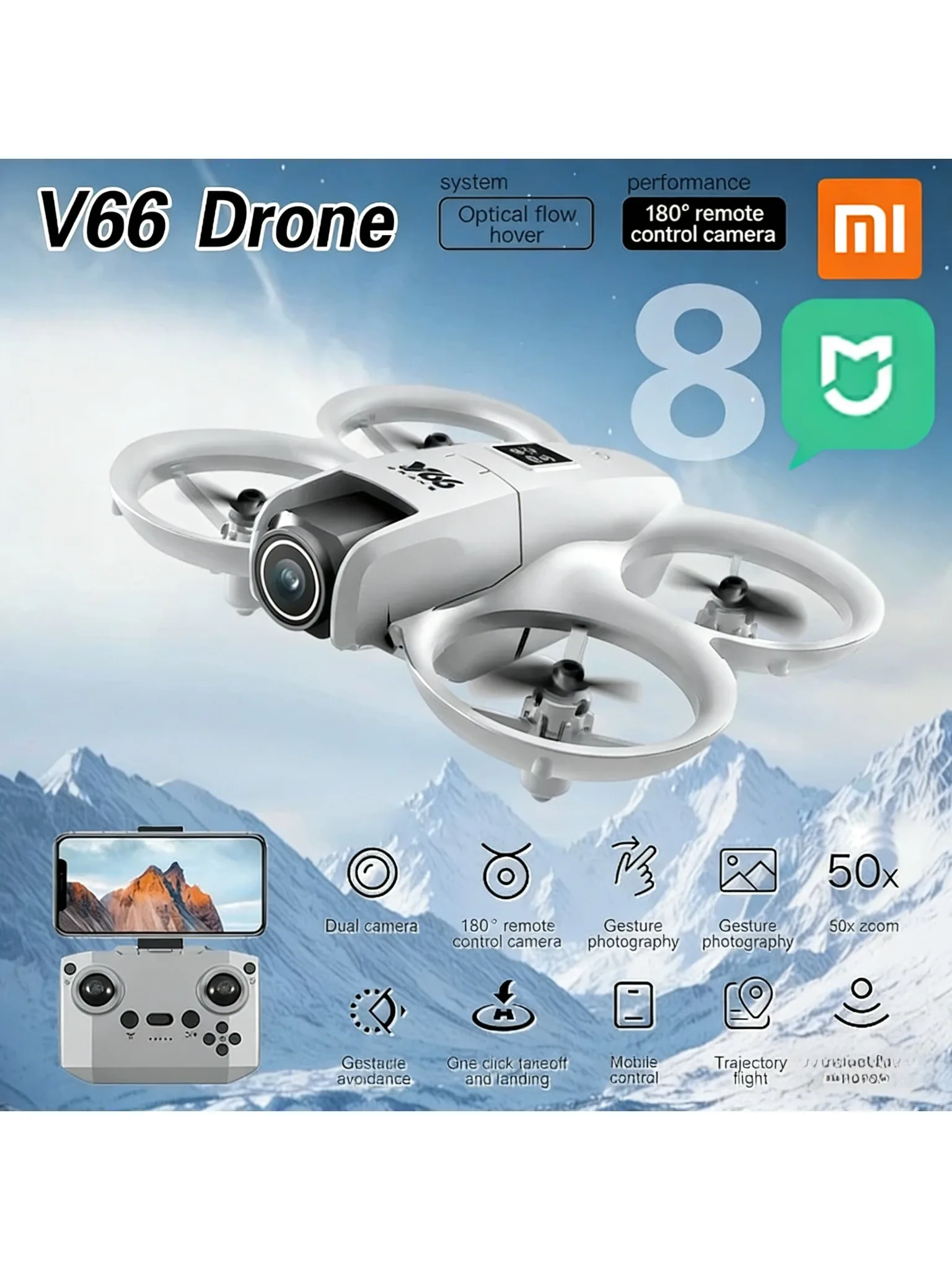 Drone Xiaomi Mjia V66, mini avion télécommandé, caméra HD 4K, jouet pour enfants, micro-avion, maintien de l'altitude, quadricoptère freestyle