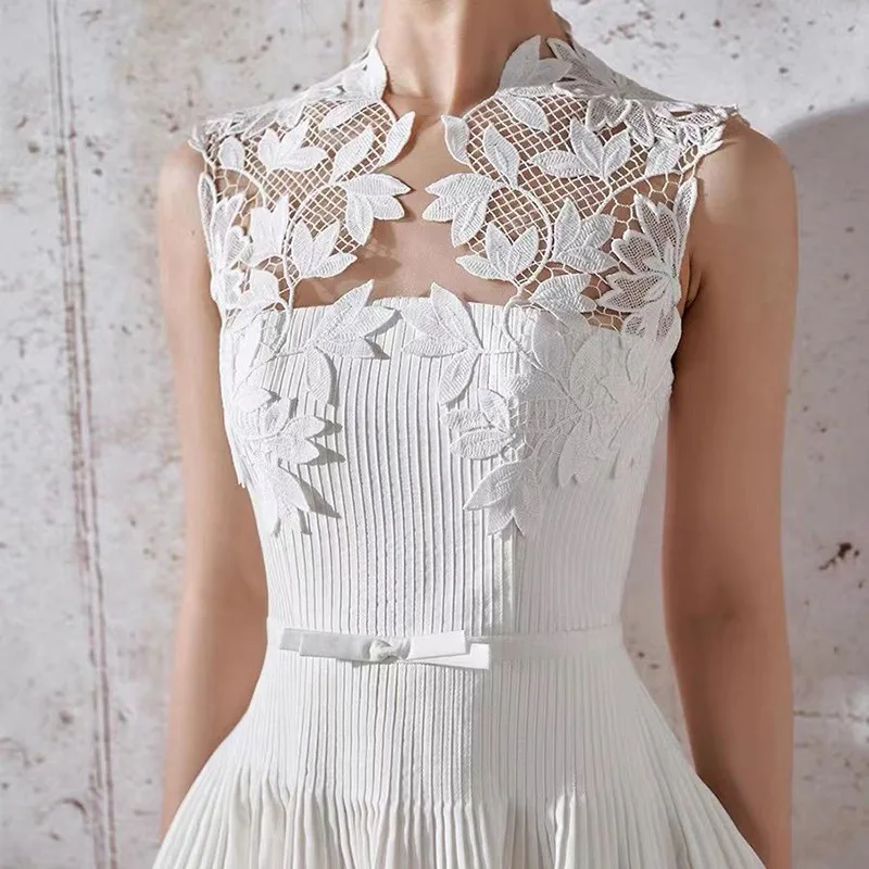 White Lace Flower Patchwork Design Waist Cinching and Slimming Dress for Women's Spring/Summer Pleated A-line Large Hem Dresses