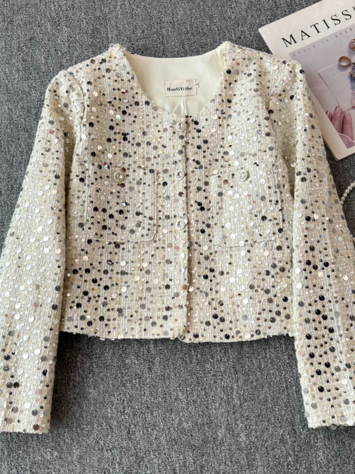 ein Sle ort Mantel Damen Winter New Heavy Embelliment Tweed Bright Pailletten Ort Top Damen Premium Feeling Ladylike