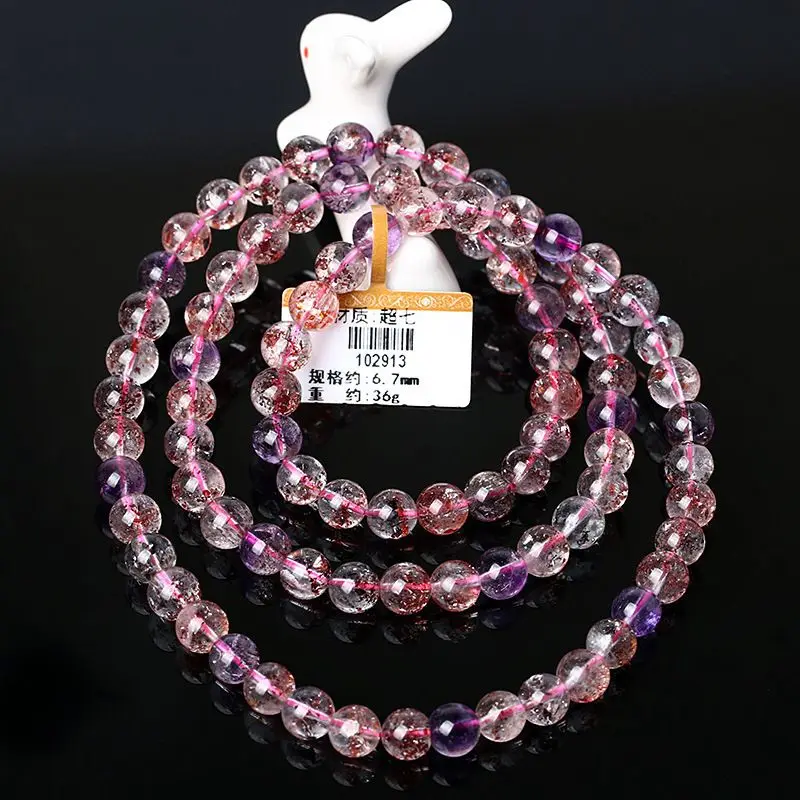 Imagem -06 - Pulseira de Cristal Natural com Anel Único Ornamento Três Redondos Espinha Dorsal Cabelo Roxo Quartzo Morango Super Sete