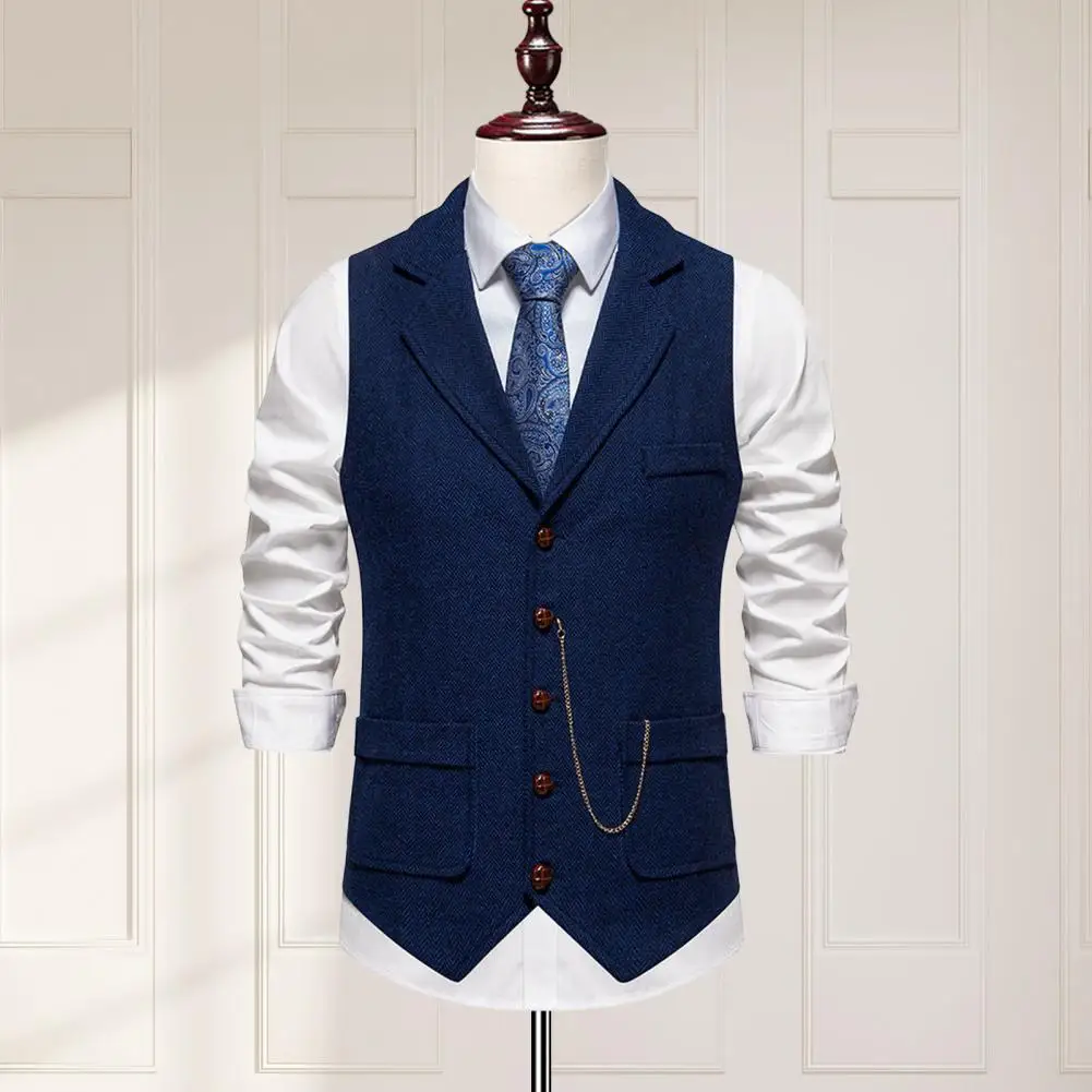 Men Suit Waistcoat Lapel Sleeveless Business Suit Vest Solid Color Slanted Hem 3D Pockets Chain Decoration Waistcoat Жилет 조끼