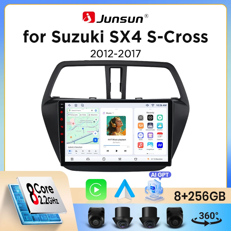 Image of Junsun Wireless CarPlay Android Auto Autoradio für Suzuki SX4 S-Cross (JY) 2013-2017 mit integriertem Lüfter, Android GPS-Navigation, Multimedia-Player, WiFi, DSP, RDS, BT, SWC, IPS-Touchscreen,