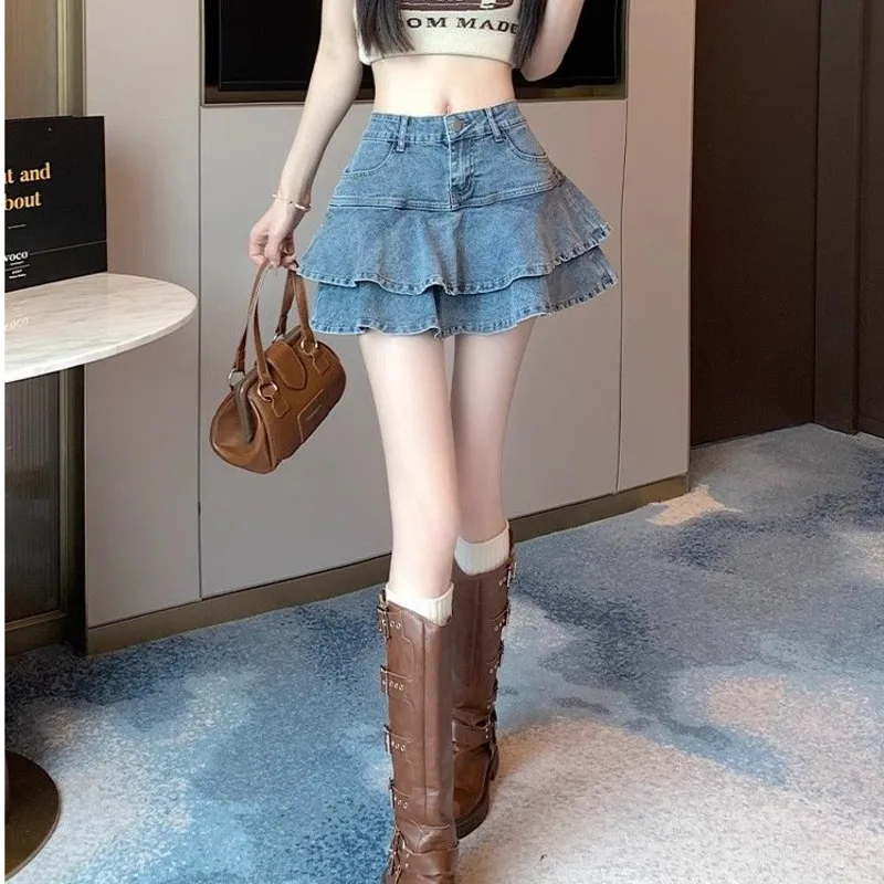 Ruffles Pleated Skirt For Women 2025 Summer New Korean Style High Waist A-Line Short Skirt Fashion Blue Denim Skirt