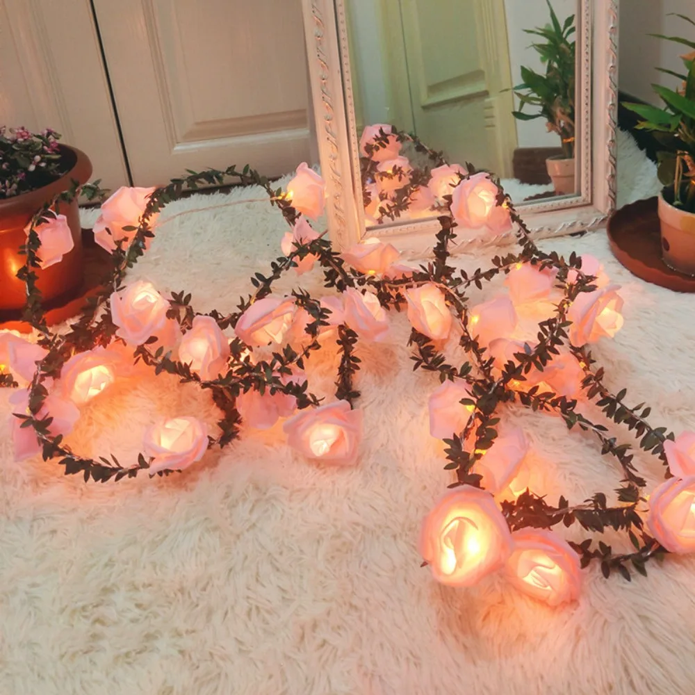 

Warm Light LED String Lights Simulation Green Leaves Colored Lights Rose Flower Lights Rose Flower Design Decorative Garland
