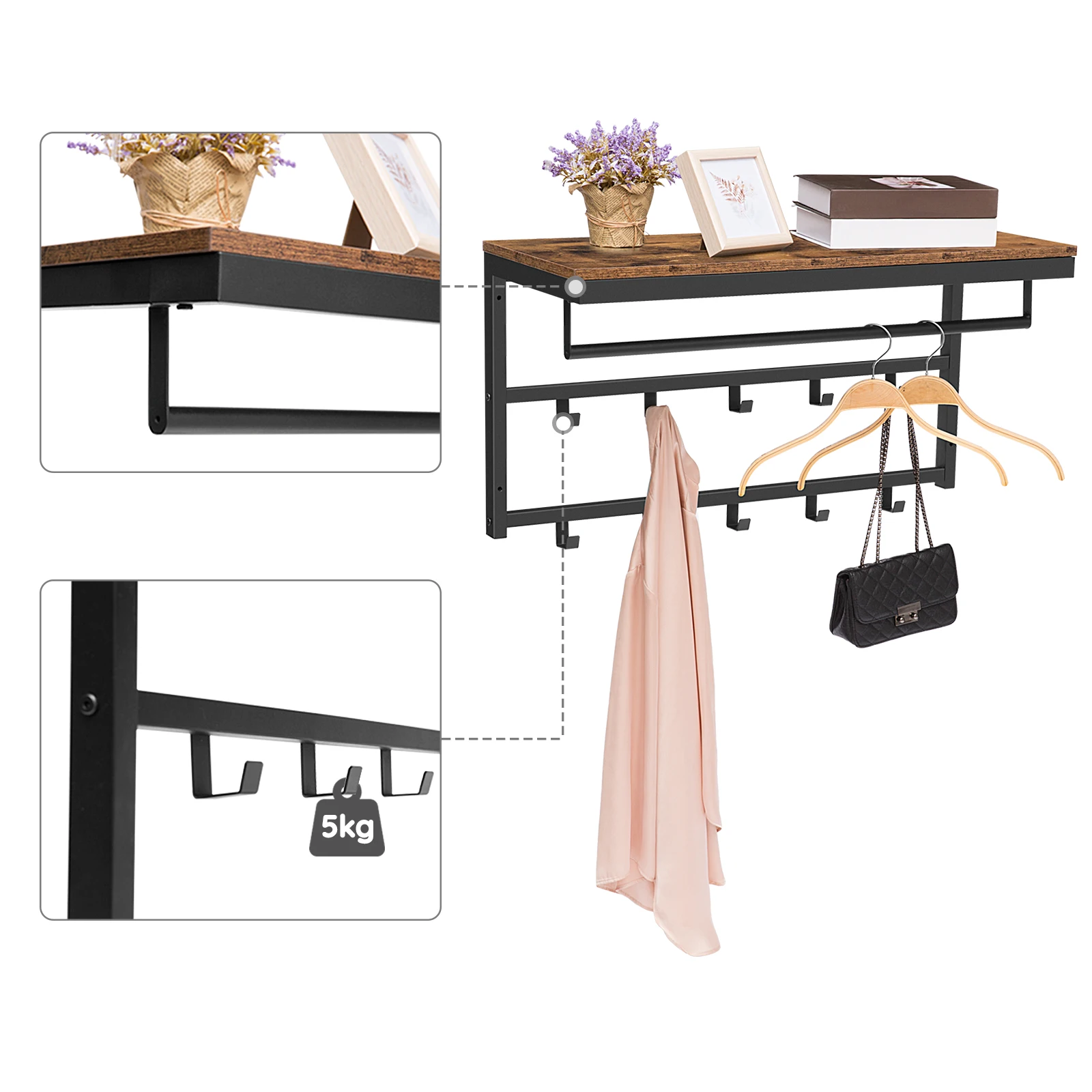 HOOBRO Wall-Mounted Coat Rack With Shelf Wall Hanging Shelves With 10 Hooks And Bars For Hallway Living Room Bedroom Bathroom