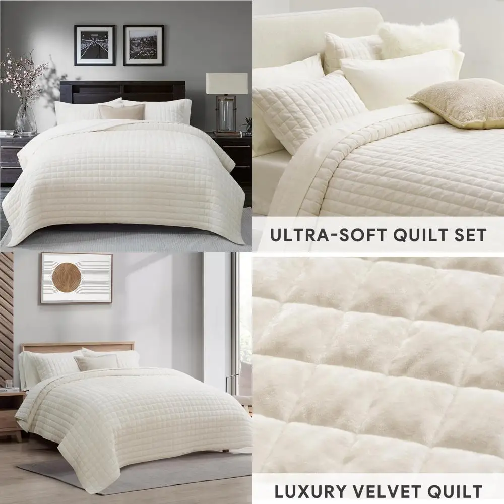 

King Size Luxury Velvet Quilt Set - Lightweight Comforter with Oversized Coverlet for Plush Bedding