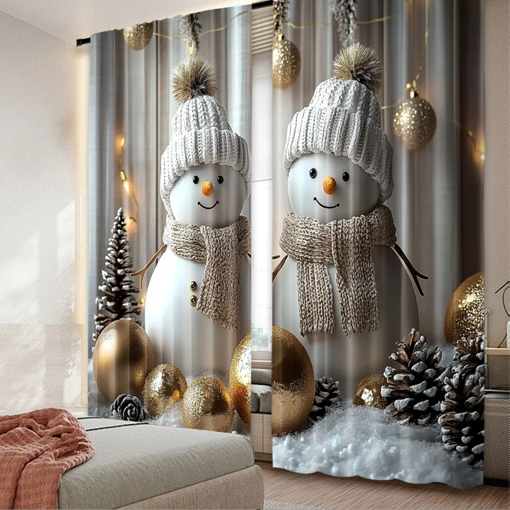2D-Flachdruck, 2 Stück, frohe Weihnachten, modische Vorhänge, Weihnachts-Schneemann mit goldenen Kugeln, digital bedruckte Polyester-Vorhänge