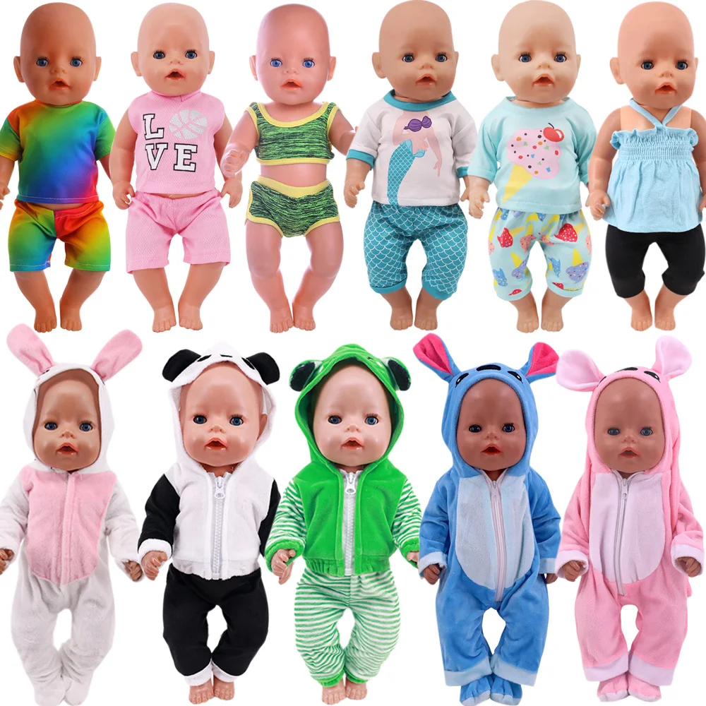 Zomer set met korte mouwen en dierenpatroon jumpsuit pyjama voor 43 cm babypop en 18 inch Amerikaanse popaccessoires, onze generatie cadeau - afbeelding 2