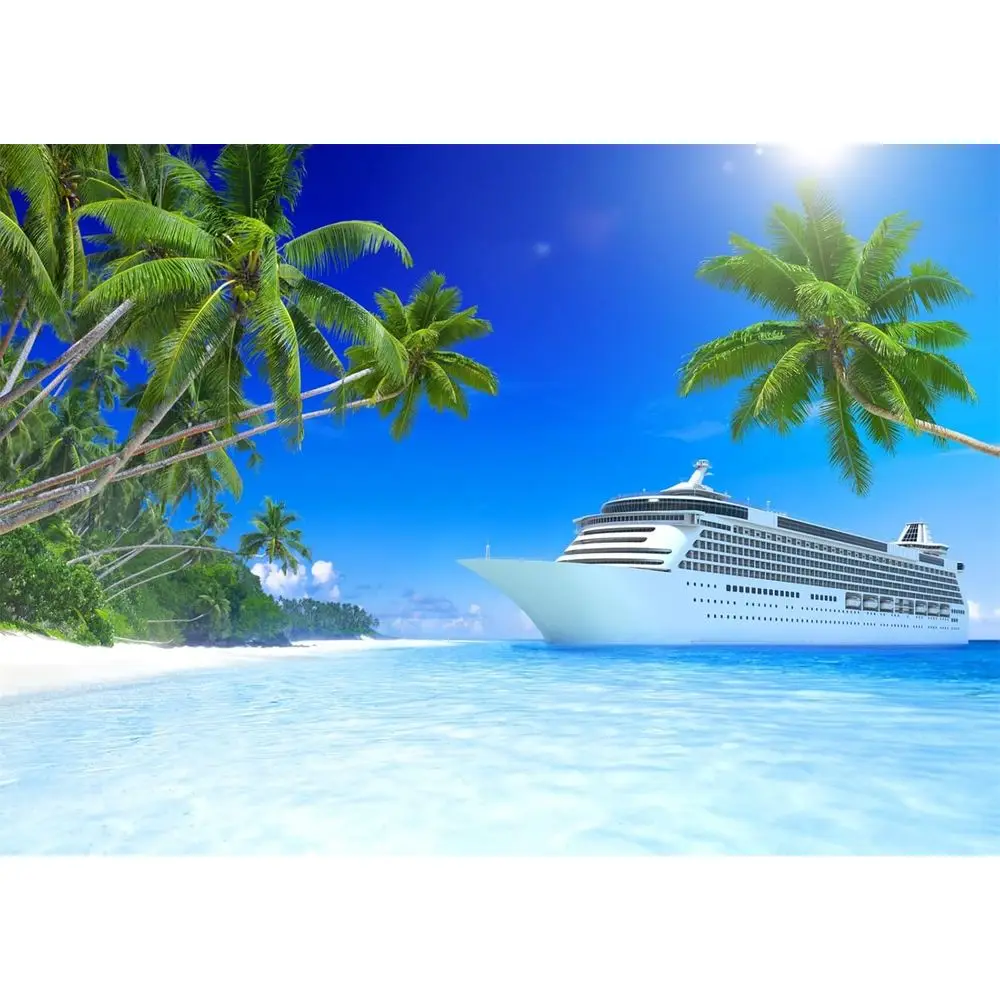 Elegant Cruise Ship Themed Backdrop, 20x10ft, for Tropical Ocean, Island, Caribbean Sea, Coconut Trees, Summer Day, Travel, Birt