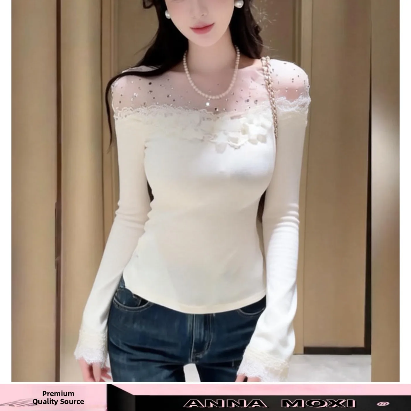 Romantic Korean Style Women's Slim Fit Knitted Base Shirt with Rhinestone Mesh Lace Patchwork Long Sleeve Cotton Tunic Top