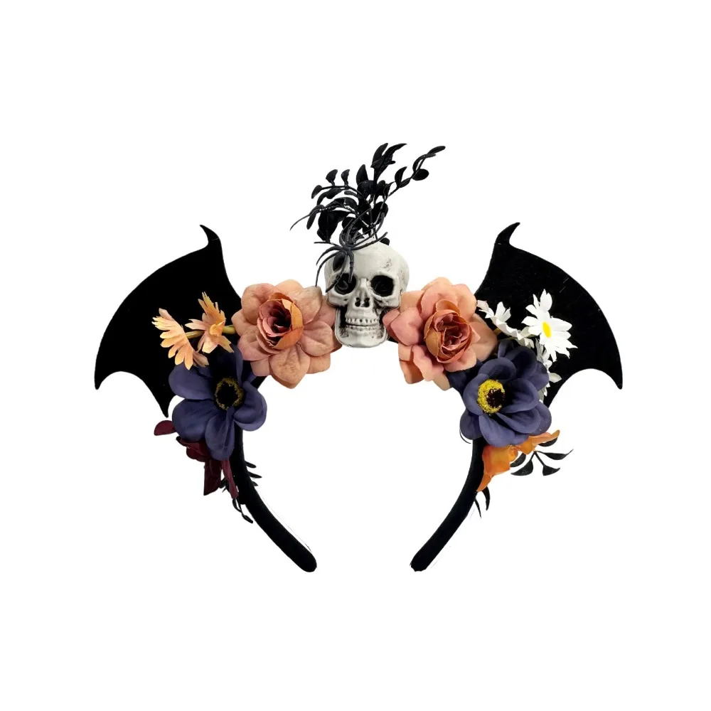 

Dark Skull Head Headband Halloween Decor Bat Halloween Skull Headband Gothic Simulation Flowers Day of The Dead Headband Party