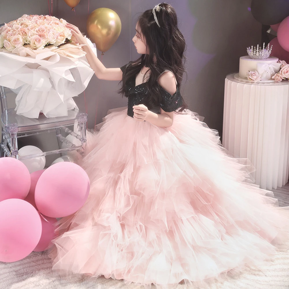 3-10T Girl's Light Luxury Birthdays Party Princess Dresses Children's Sequins Off Shoulder Piano Performances Puff Hem Gown