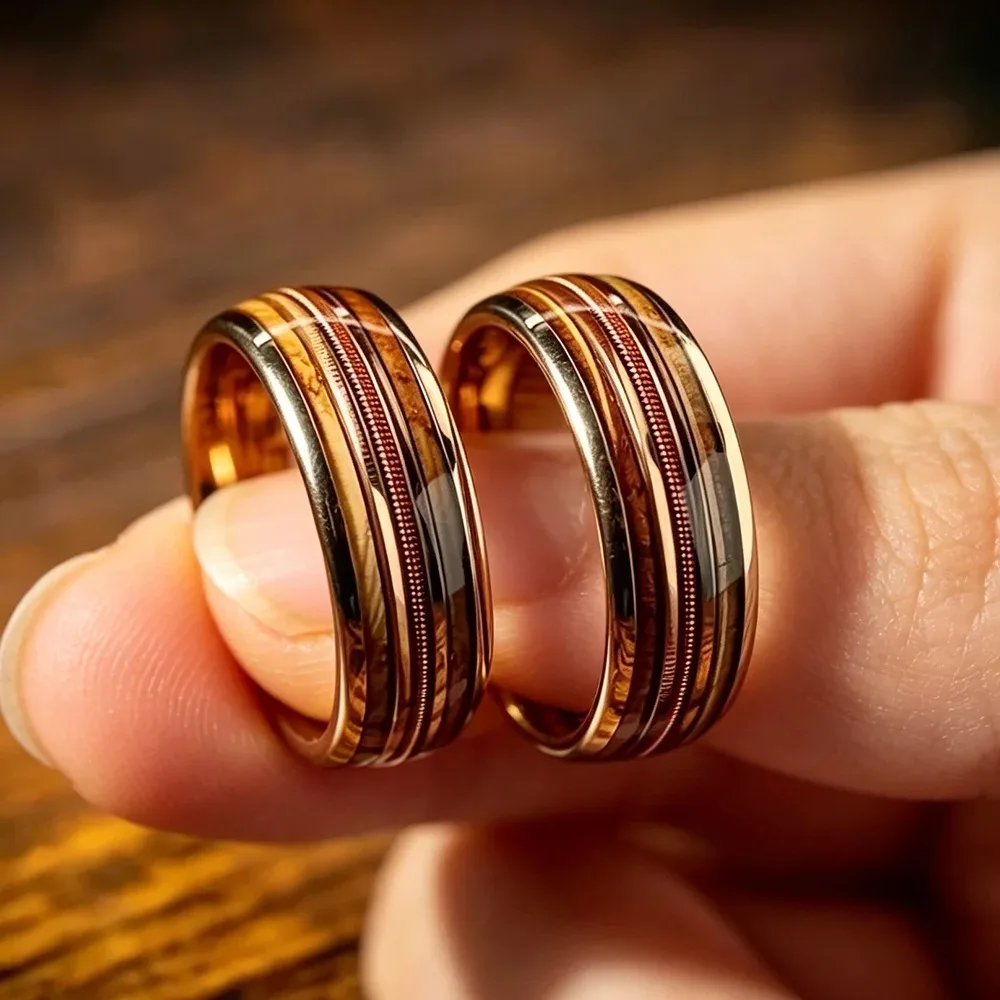 Men Retro 8mm Guitar String Ring Black Stainless Steel Whiskey Barrel Wood Inlay Guitarist Wedding Band Jewelry
