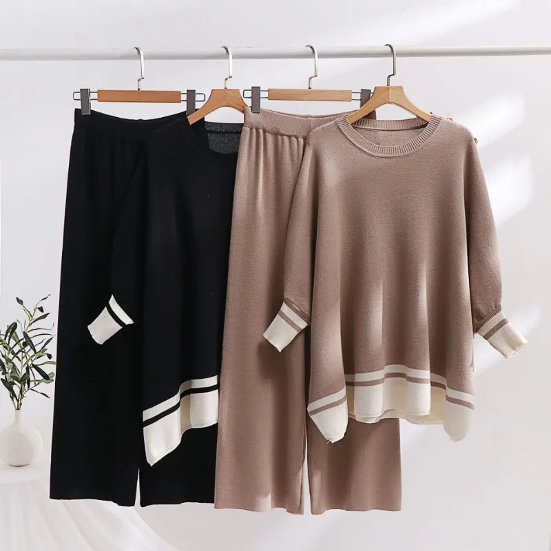 Women Two Piece Set Knit Sweater Full Sleeve Round Neck Sweaters Loose Solid Splice Wide Leg Pants Elastic Waist Casual