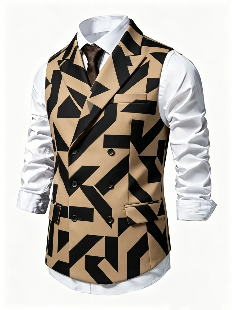 

Mens Slim Fit Geometric Print Waistcoat Double Breasted Camel & Black Color Block Suit Vest for Party