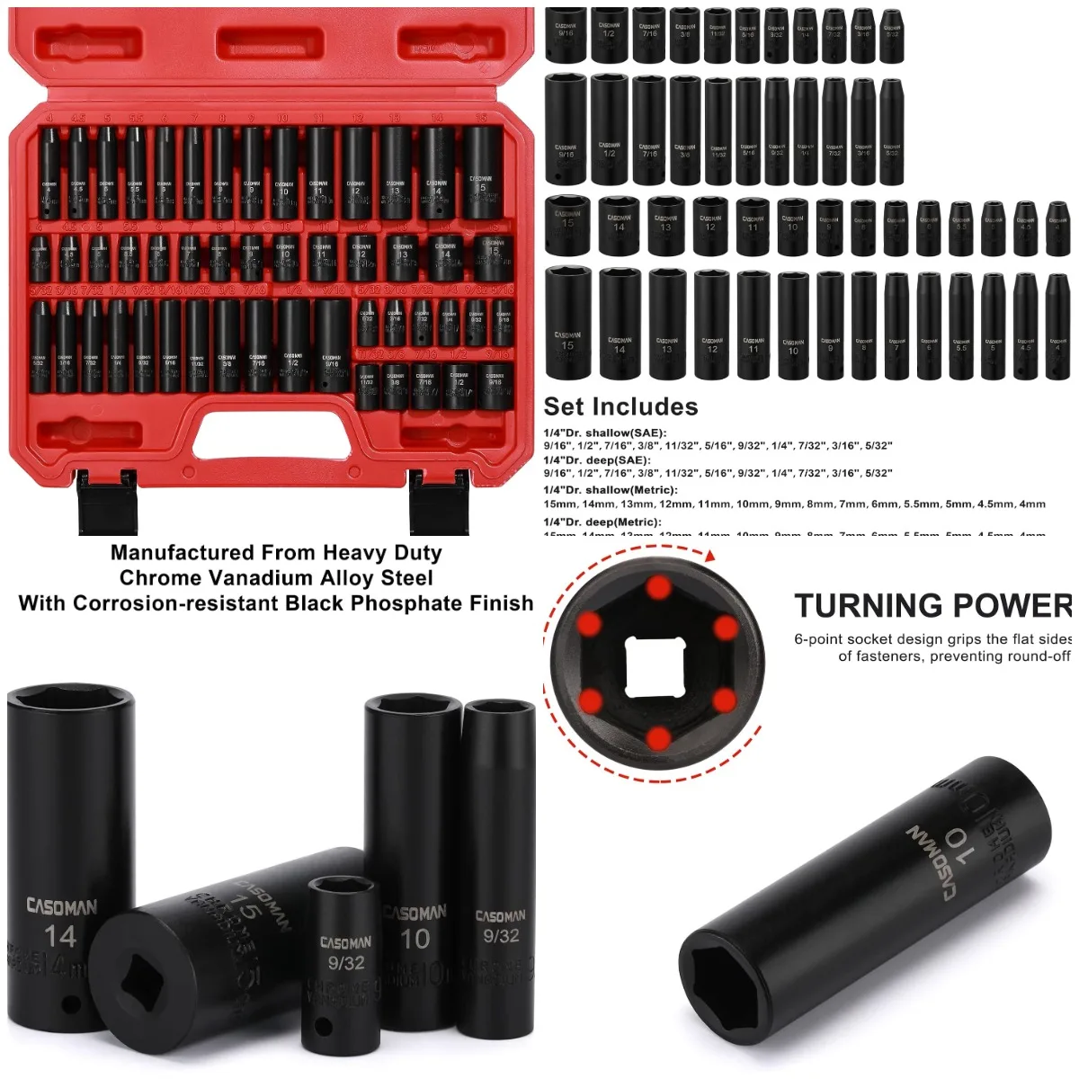 

1/4 Inch Drive Master Impact Socket Set, 50-Piece, 6-Point, SAE/Metric, 5/32'-9/16', 4-15mm, Standard/Deep, CR-V
